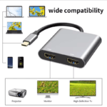 USB-C naar dual HDMI adapter die brede compatibiliteit toont met laptops, smartphones, projectoren en tv's