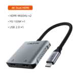Grijze Cabletime USB-C hub met twee 4K 60Hz HDMI poorten, 100W Power Delivery en USB 2.0.