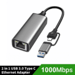 Slanke adapter met LED-lampjes en groene banner "1000Mbps"