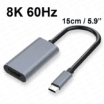 Grijze USB-C naar HDMI adapter dongle, 15cm lang, met grote tekst '8K 60Hz' ernaast.