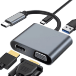 Close-up van de grijze 4-in-1 adapter die HDMI, VGA, USB en PD aansluitingen toont