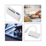 Collage van iemand die op een laptop typt en de compacte adapter gebruikt voor werk