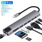 8 in 1 Hub met USB 3.0, Type-C 3.1, 4K HDMI, RJ45, en SD/TF kaartlezers.