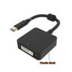 Zwarte USB-C naar DVI adapter met een stevige plastic behuizing en ferrietkern voor storingsvrije signaaloverdracht.