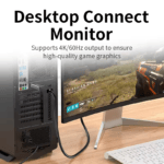 Een desktop tower aangesloten op een gaming monitor, met ondersteuning voor 4K/60Hz graphics via de DP-poort.