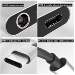 Close-up collage van de 3.5mm audio poort, USB-C oplaadpoort en versterkte kabelaansluiting