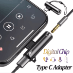 Zwarte USB-C naar 3.5mm jack dongle aangesloten op smartphone voor muziek en bellen