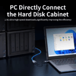 Laptop direct verbonden met externe harde schijf kast via netwerkadapter, toont efficiënte workflow