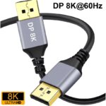 Detailopname van een grijze DisplayPort-connector met de tekst DP 8K@60Hz en het 8K Ultra HD-logo.