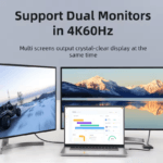 Laptop aangesloten op twee externe monitoren die beide een helder landschap tonen in 4K 60Hz resolutie.
