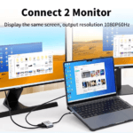 Laptop aangesloten op twee externe monitoren tegelijkertijd via HDMI en VGA met 1080p resolutie