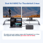 Een laptop verbonden met twee grote 4K monitoren via het Thunderbolt 3 dock, wat zorgt voor een scherpe en vloeiende weergave op beide schermen.