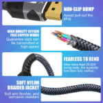 Details van de HDMI-kabel: zuurstofvrije koperdraden, 25.000+ buigtests en zachte nylon gevlochten mantel.