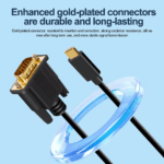 Detailopname van de vergulde USB-C en VGA connectoren met blauwe beschermring
