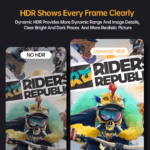 Split-screen vergelijking van een game (Riders Republic) die het verschil toont tussen 'No HDR' en heldere 'Dynamic HDR'.