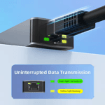 Close-up van de RJ45 poort met uitleg: "Green light normally on" en "Yellow light flashing"