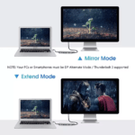 Vergelijking tussen Mirror Mode (hetzelfde beeld) en Extend Mode (uitgebreid beeld) met een laptop aangesloten op een externe monitor.