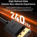 Close-up van de connector met grote '240Hz' tekst en lichteffecten die snelheid suggereren