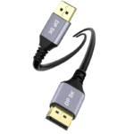 Een gebogen zwarte DisplayPort-kabel die de flexibiliteit en de stevige bouwwijze van de connectoren laat zien.
