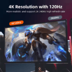 Split-screen gaming monitor die het verschil toont tussen hoge refresh rates (4K 120Hz, 2K 240Hz) en standaard 60Hz.