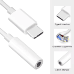 Interne structuur van witte USB-C audiokabel met geëmailleerd koper
