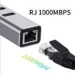 Close-up van RJ45 ethernetpoort op de hub met netwerkkabel die wordt aangesloten, tekst "RJ 1000MBPS"