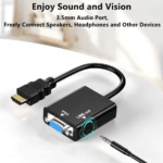 Close-up van de audio line-out poort op de HDMI naar VGA adapter met audiokabel