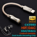 USB-C audio adapter met tekst over CX31993 en CS46L41+SA9302L dual decoding technologie