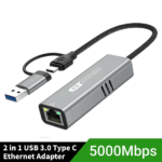 De 5G adapter met gevlochten kabel en groene banner "5000Mbps"