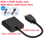 Compleet overzicht van adapter met audiopoort en micro USB voedingspoort