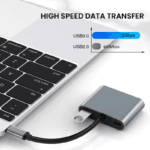 USB-C hub met USB-stick en grafiek die 5Gbps snelheid vergelijkt met tragere USB 2.0