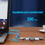 Laptop data transfer demonstratie met USB 3.0 hub snelheid 390MB/s
