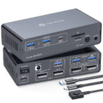Zwarte horizontale KVM switch die de voor- en achterkant toont, inclusief USB 3.0 poorten en een externe schakelknop.