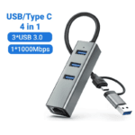 Hub met dubbele connector (USB-A met opzetstuk naar USB-C), tekst "USB/Type C 4 in 1"