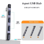 Close-up van verticale USB hub met blauwe USB 3.0 en zwarte USB 2.0 ingangen