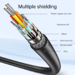 Interne structuur van een USB-C kabel met vertind koper en aluminiumfolie afscherming.