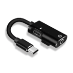 Zwarte USB-C audio en oplaad dongle met bliksem en hoofdtelefoon icoon