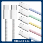 Collectie van gevlochten USB-C naar USB-C kabels in wit, paars, groen, geel, roze en blauw van AllesUSB-c.nl