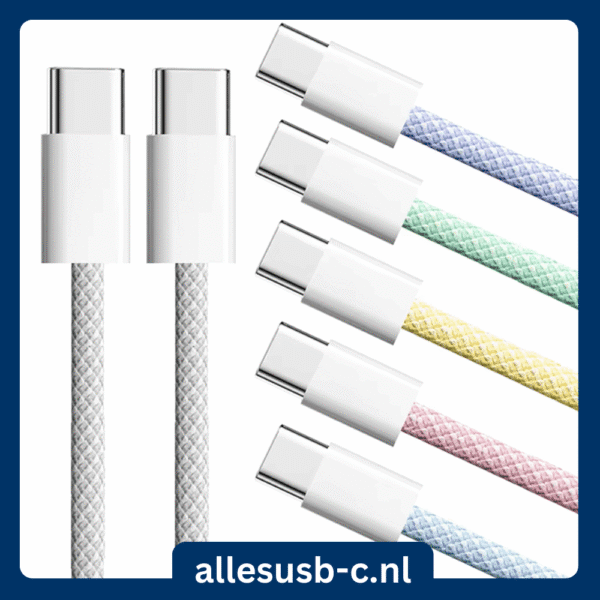 Collectie van gevlochten USB-C naar USB-C kabels in wit, paars, groen, geel, roze en blauw van AllesUSB-c.nl