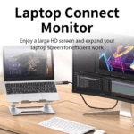 Een laptop op een standaard aangesloten op een grote monitor via de DisplayPort adapter voor efficiënt multitasking werk.