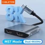 Close-up van de hub met labels '8K HDMI' en '4K HDMI', benadrukt MST Mode en Dual 4K 60Hz ondersteuning.