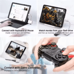 Collage van tablet gebruik: typen met toetsenbord, gamen met controller en films kijken vanaf USB