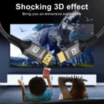 Kinderen kijken naar een schokkend realistisch 3D-effect van een dinosauriër op een groot scherm via een 8K HDMI-kabel.