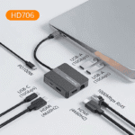 Specificatieschema van Model HD706 met aansluitingen voor PD 100W, 10Gbps USB-C, twee keer HDMI 4K@60Hz en Gigabit Ethernet.