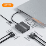 Blueendless Model HP706 hub tonend DisplayPort 1.2 en HDMI 4K@60Hz poorten, samen met 10Gbps USB-A en USB-C aansluitingen.