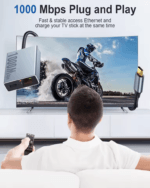 Persoon die aan het gamen is op TV met stabiel internet via de USB-C adapter