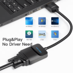 Adapter aangesloten op laptop met iconen voor Windows 7/8/10, Mac OS, Linux en Vista