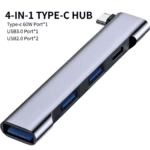 L-vormige zilveren hub met specificaties: 60W Type-C poort, 1x USB 3.0 en 2x USB 2.0.