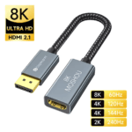 Grijze DisplayPort naar HDMI 2.1 adapter met gevlochten kabel en ondersteuning voor 8K 60Hz en 4K 120Hz