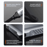 Detailfoto's van de constructie: trekontlasting, gevlochten kabel tegen rafelen, aluminium behuizing en power LED-indicator.